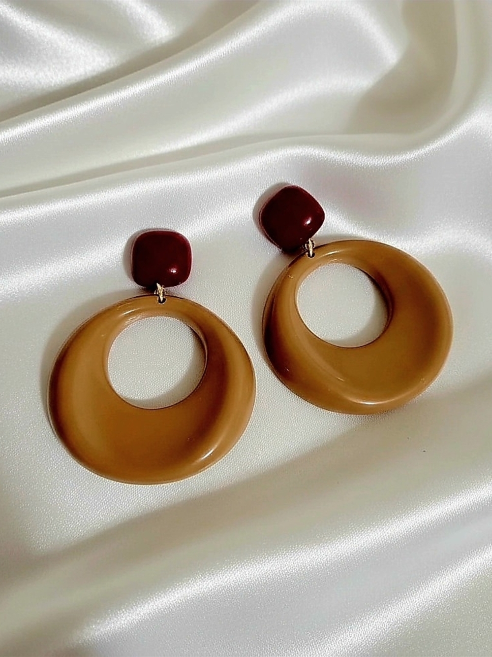 Brown Hoop Drop‎ Earrings with Burgundy Studs - S925 Needle Women Jewelry